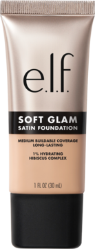 e.l.f. Soft Glam Satin Foundation w beżowej tubce, długotrwały nawilżający podkład, widok z przodu.
