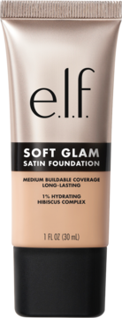 e.l.f. Soft Glam Satin Foundation w beżowej tubce, długotrwały nawilżający podkład, widok z przodu.