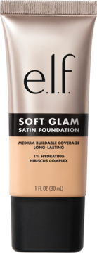 e.l.f. Soft Glam Satin Foundation: beżowa tubka z czarną podstawą, średnie krycie, długotrwała, nawilżająca, widok z przodu.