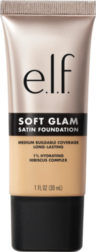 e.l.f. Soft Glam Satin Foundation, nawilżający podkład w beżowej tubce, pionowy widok z przodu.