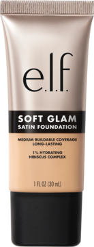 e.l.f. Soft Glam Satin Foundation, beżowa tuba z czarną nasadką, 1 FL OZ, z 1% hydrat. hibiskusa.