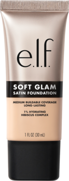 E.l.f. Soft Glam Satin Foundation, light beige tube with black base, frontal view. 1% hydrating hibiscus.