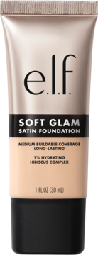 E.l.f. Soft Glam Satin Foundation, light beige tube with black base, frontal view. 1% hydrating hibiscus.