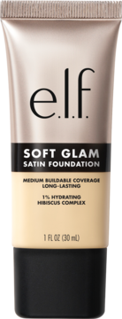 e.l.f. Soft Glam Satin Foundation w beżowo-złotej tubce, nawilżający, widok z przodu.
