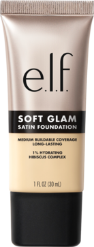 e.l.f. Soft Glam Satin Foundation w beżowo-złotej tubce, nawilżający, widok z przodu.