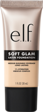 e.l.f. Soft Glam Satin Foundation, beżowa tubka, długotrwały podkład nawilżający, satynowe wykończenie, widok z przodu.