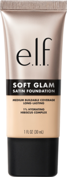e.l.f. Soft Glam Satin Foundation, beżowa tubka, długotrwały podkład nawilżający, satynowe wykończenie, widok z przodu.