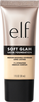 e.l.f. Soft Glam Satin Foundation, beżowa tubka z czarną nakrętką, nawilżający, widok z przodu.