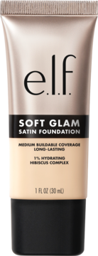 e.l.f. Soft Glam Satin Foundation, hydrating, medium coverage, beige tube with black base, front view.
