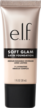 e.l.f. Soft Glam Satin Foundation, beżowy podkład z hibiskusem, w tubce o pojemności 30 ml, widok z przodu.