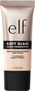 e.l.f. Soft Glam Satin Foundation, beżowy podkład z hibiskusem, w tubce o pojemności 30 ml, widok z przodu.