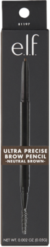 e.l.f. Ultra Precise Brow Pencil Neutral Brown w czarnym opakowaniu, widok z przodu z ilustracją kredki i szczoteczki.