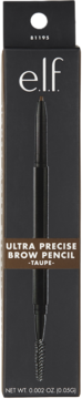 e.l.f. Ultra Precise Brow Pencil Taupe, ciemne opakowanie, widok z przodu, z widoczną kredką i szczoteczką.