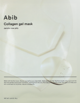 Abib Collagen gel mask Jericho rose jelly, białe opakowanie z minimalistycznym wzorem żelu, widok z przodu.