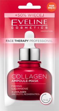Eveline Collagen Ampoule-Mask, maseczka w czerwonym opakowaniu z butelką i pipetą, widok z przodu. Zawiera kolagen i 24K złoto.