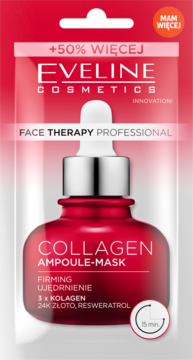 Eveline Collagen Ampoule-Mask, maseczka w czerwonym opakowaniu z butelką i pipetą, widok z przodu. Zawiera kolagen i 24K złoto.