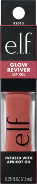 e.l.f. Glow Reviver Lip Oil z olejkiem morelowym w czarno-różowym kartoniku z wycięciem, widok z przodu.