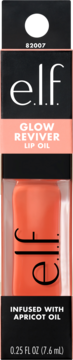 Opakowanie e.l.f. Glow Reviver Lip Oil z olejkiem morelowym, widocznym koralowym olejkiem w środku.