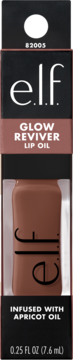 e.l.f. Glow Reviver Lip Oil Apricot Oil w brązowym odcieniu, w czarnym pudełku, widok z przodu.