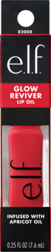 Czerwony olejek do ust e.l.f. Glow Reviver z olejkiem morelowym w czarno-czerwonym opakowaniu, widok z przodu.