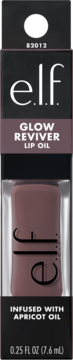 e.l.f. Glow Reviver Lip Oil z APRICOT OIL, w czarnym pudełku, widok z przodu, z olejkiem w kolorze mauve.