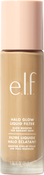 e.l.f. Halo Glow Liquid Filter, płynny rozświetlacz do twarzy, beżowa butelka z różową nakrętką, z przodu.