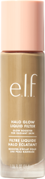e.l.f. Halo Glow Liquid Filter, płynny rozświetlacz beżowy w szklanej butelce z różową nakrętką, widok z przodu.