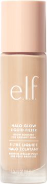 e.l.f. Halo Glow Liquid Filter, odcień Fair Neutral Peach, rozświetlacz w szklanej butelce z beżową nakrętką, widok z przodu.
