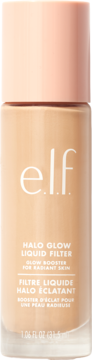 e.l.f. Halo Glow Liquid Filter, płynny rozświetlacz do twarzy, w beżowej butelce z różową nakrętką, widok z przodu.