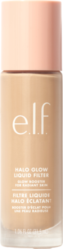 e.l.f. Halo Glow Liquid Filter w beżowej butelce z różową nakrętką, widok z przodu. Rozświetlający booster.