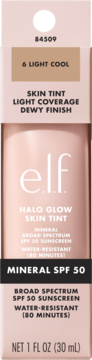 e.l.f. Halo Glow Skin Tint 6 Light Cool z mineralnym filtrem SPF 50, dewy wykończenie, w różowej butelce, widok z przodu.