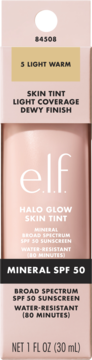 e.l.f. Halo Glow Skin Tint 5 Light Warm z mineralnym SPF 50, lekkie krycie i dewy finish, widok z przodu.