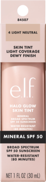 Różowa butelka e.l.f. Halo Glow Skin Tint 4 Light Neutral, SPF 50, lekkie krycie, dewy finish, z przodu.