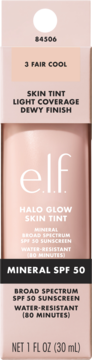 E.L.F. Halo Glow Skin Tint 3 Fair Cool w jasnoróżowym opakowaniu, z mineralnym SPF 50 i rozświetlającym wykończeniem.