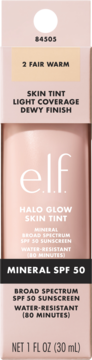 Różowy podkład elf Halo Glow Skin Tint SPF 50, opakowanie z widocznym odcieniem 2 FAIR WARM.