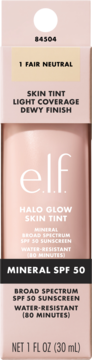 e.l.f. Halo Glow Skin Tint 1 Fair Neutral, light pink, SPF 50, dewy finish. Frontal view.