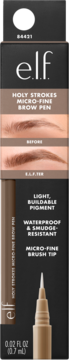 Opakowanie i brązowy pisak do brwi e.l.f. Holy Strokes Micro-Fine Taupe, wodoodporny, precyzyjny.