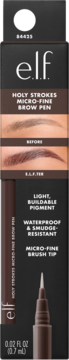 Opakowanie e.l.f. Holy Strokes Micro-Fine Brow Pen Dark Brown. Na froncie brwi przed/po, opis cech i aplikator.