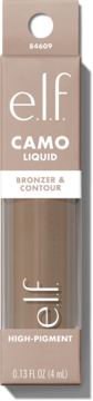 Przednie ujęcie beżowego pudełka e.l.f. Camo Liquid Bronzer & Contour, z przezroczystym okienkiem i brązowym płynem.