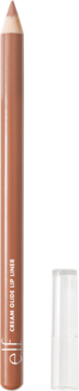 Kremowa konturówka e.l.f. Cream Glide Truth Or Bare, brązowa kredka z białą nasadką, pionowo na beżu.