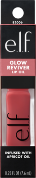e.l.f. Glow Reviver Lip Oil w różowym odcieniu, czarne pudełko z napisem 'Apricot Oil', widok z przodu.