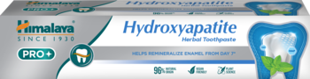 Himalaya PRO+ Hydroxyapatite Herbal Toothpaste, białe opakowanie, niebieski napis, miętowy ząb, przód.