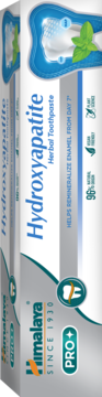 Himalaya PRO+ Hydroxyapatite Herbal Toothpaste, białe opakowanie, niebieski napis, miętowy ząb, przód.