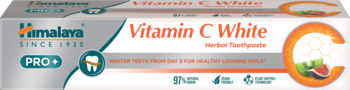 Himalaya PRO Vitamin C White, ziołowa pasta wybielająca w białym opakowaniu z pomarańczowymi detalami, widok z przodu.