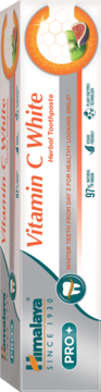 Himalaya PRO Vitamin C White, ziołowa pasta wybielająca w białym opakowaniu z pomarańczowymi detalami, widok z przodu.