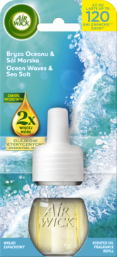 Air Wick Ocean Waves & Sea Salt wkład do elektrycznego odświeżacza, butelka i urządzenie na tle morza, 120 dni.