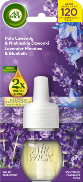 Air Wick wkład zapachowy Lavender Meadow & Bluebells. Fioletowe opakowanie z grafiką lawendy, butelka olejku, widok z przodu.