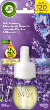 Air Wick wkład zapachowy Lavender Meadow & Bluebells. Fioletowe opakowanie z grafiką lawendy, butelka olejku, widok z przodu.