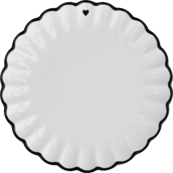 Biała, okrągła taca z falistym brzegiem i czarną lamówką, z serduszkiem u góry, widok z góry.