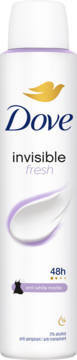 Biały antyperspirant Dove Invisible Fresh w sprayu, 48h ochrona, bez białych śladów, widok z przodu.